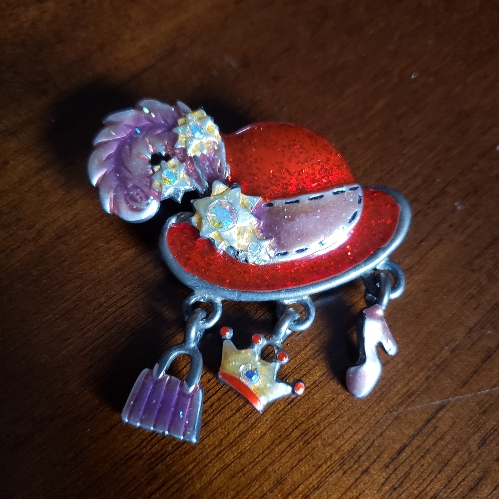 Rare Vintage AJMC Red Hat Rhinestone &Charm Brooch
